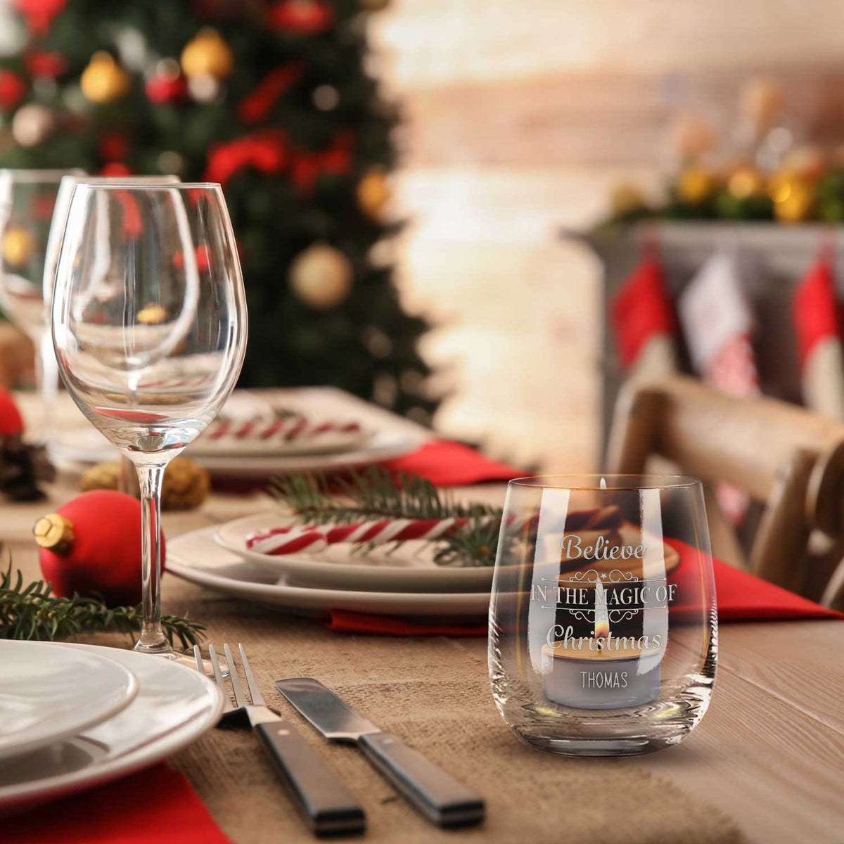 Teelicht mit Gravur - Weihnachtsdeko - Believe in the Magic of Christmas - Personalisiert mit Name