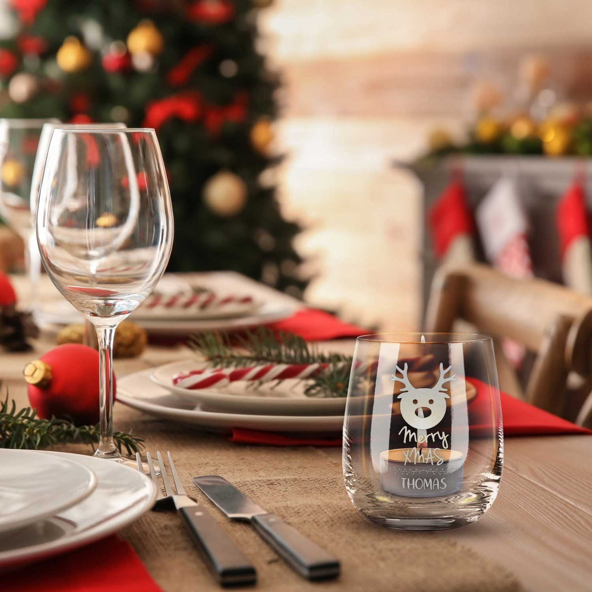 Teelicht mit Gravur - Weihnachtsdeko - Merry X Mas - Personalisiert mit Name