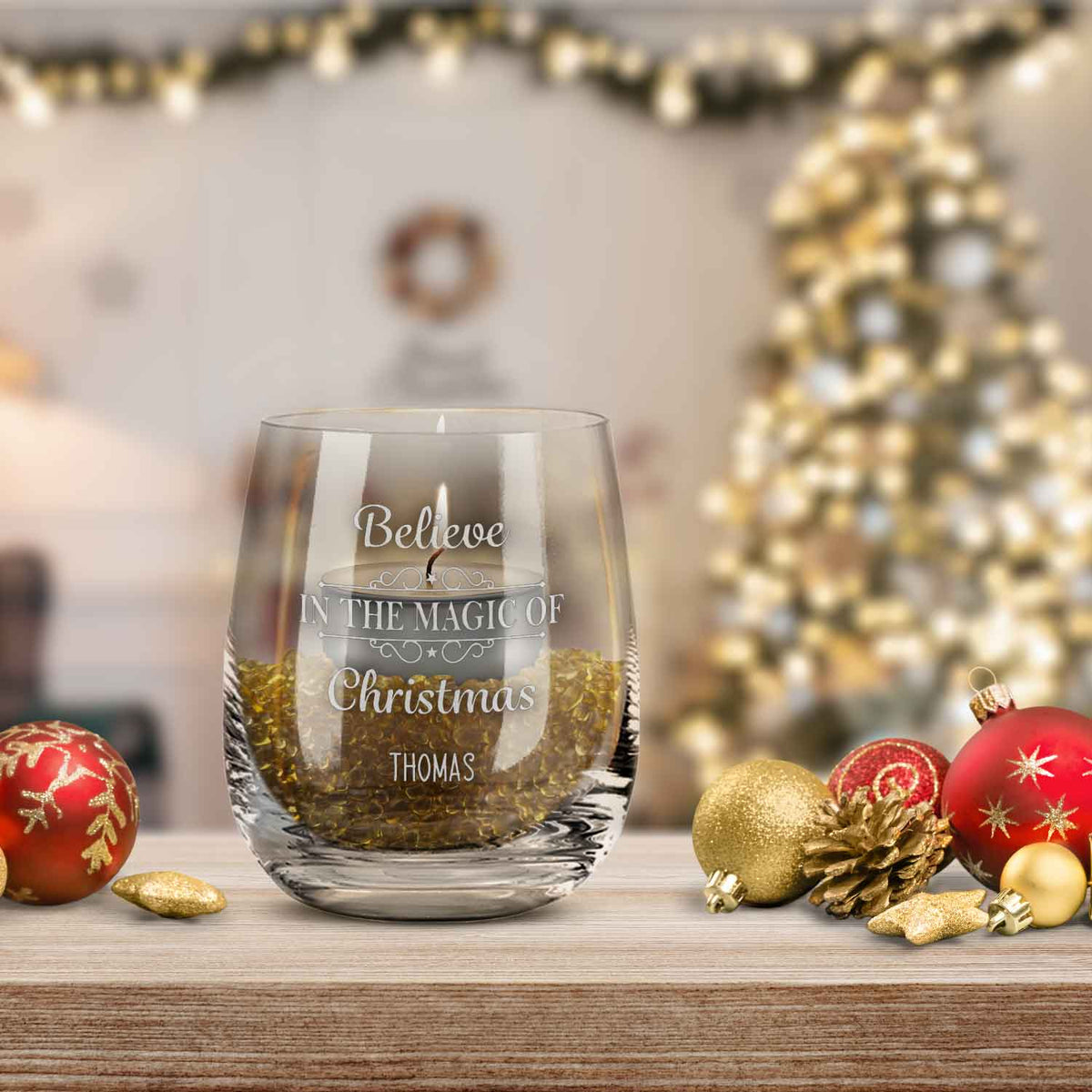 Teelicht mit Gravur - Weihnachtsdeko - Believe in the Magic of Christmas - Personalisiert mit Name