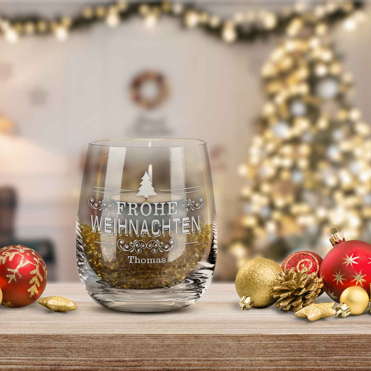 Teelicht mit Gravur - Weihnachtsdeko - Frohe Weihnachten Vintage V2 - Personalisiert mit Name