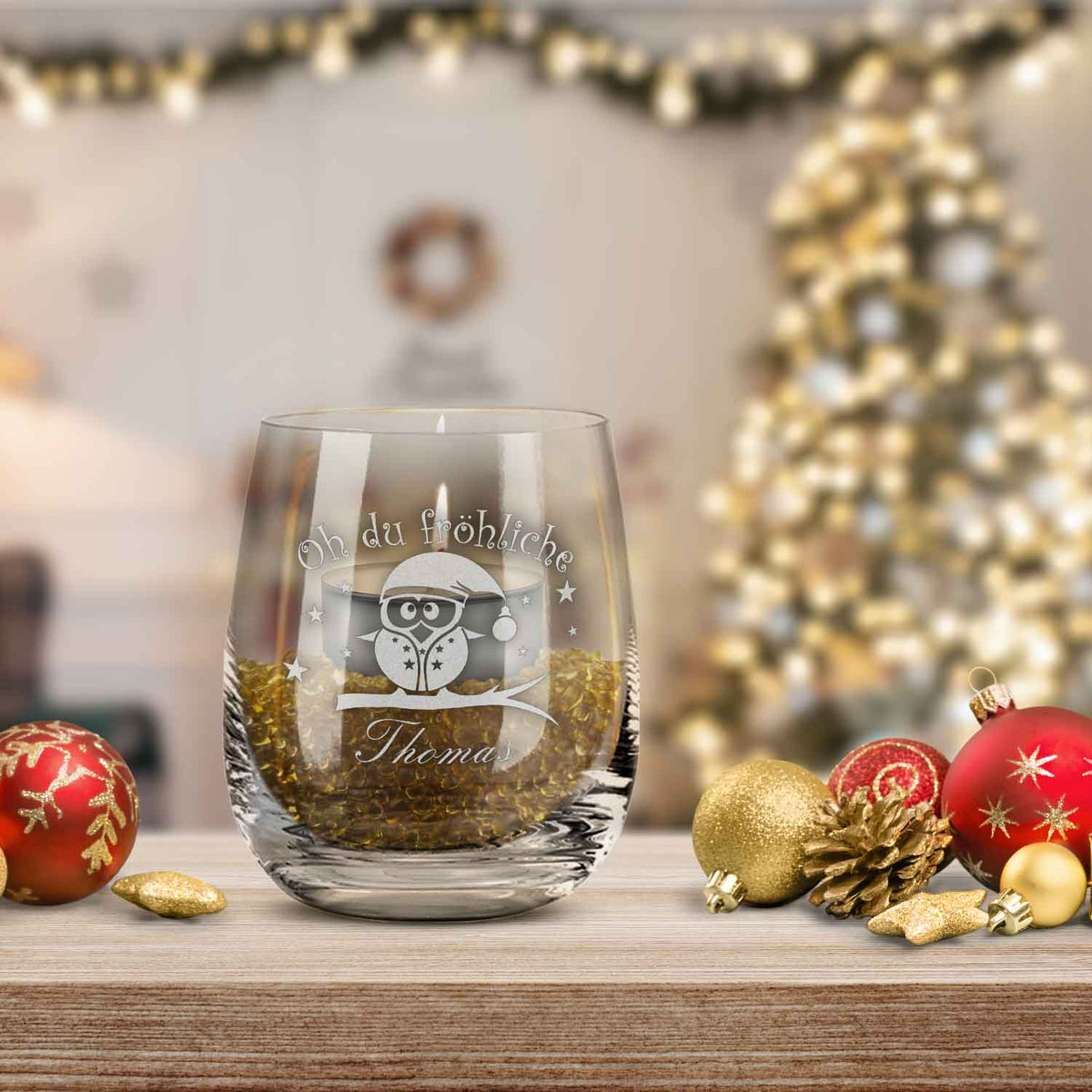 Teelicht mit Gravur - Weihnachtsdeko - Oh du fröhliche - Personalisiert mit Name