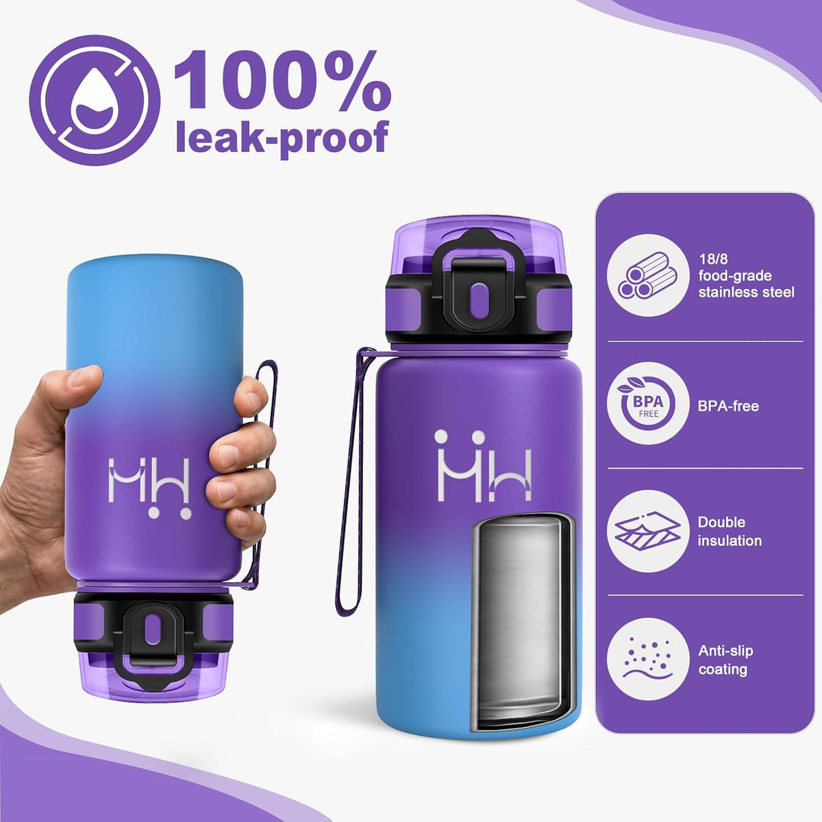 Thermosflasche Mit Strohhalm 500Ml, Trinkflasche Edelstahl Kohlensäure Geeignet, Bpa-Frei, Isolierflasche Auslaufsicher Doppelwandig, Wasserflasche Für Schule, Camping, Maedchen, Schule