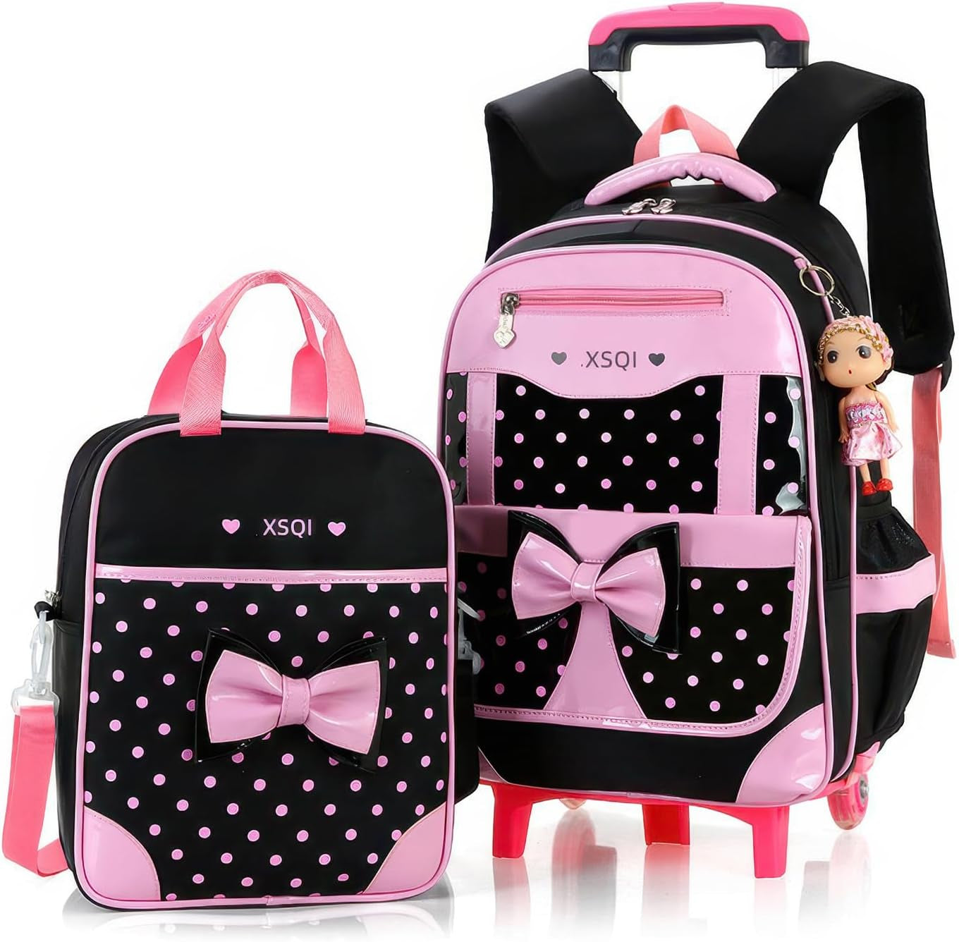 6 Räder Trolley Rucksack Mit Rollen Madchen Schulrucksack Madchen Kinderrucksack Schultasche Schulranzen Mit Rollen Schwarz Grundshule 42X30X20Cm