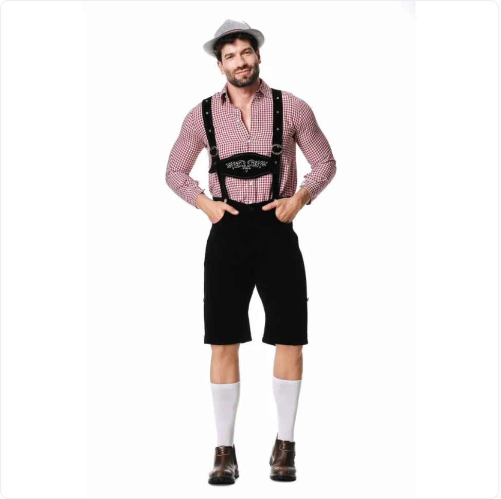 Oktoberfest Herren Kostüm – Kariertes Hemd, Trägerhose & Hut im Set