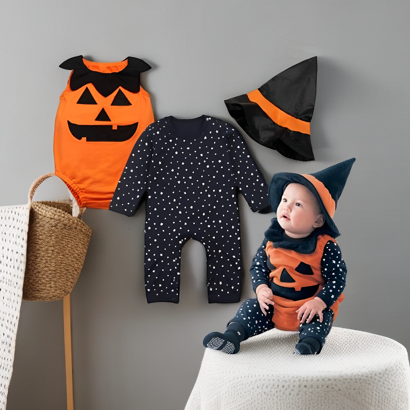 Baby Halloween Kürbis-Kostüm – 3-teiliges Set mit Zaubererhut