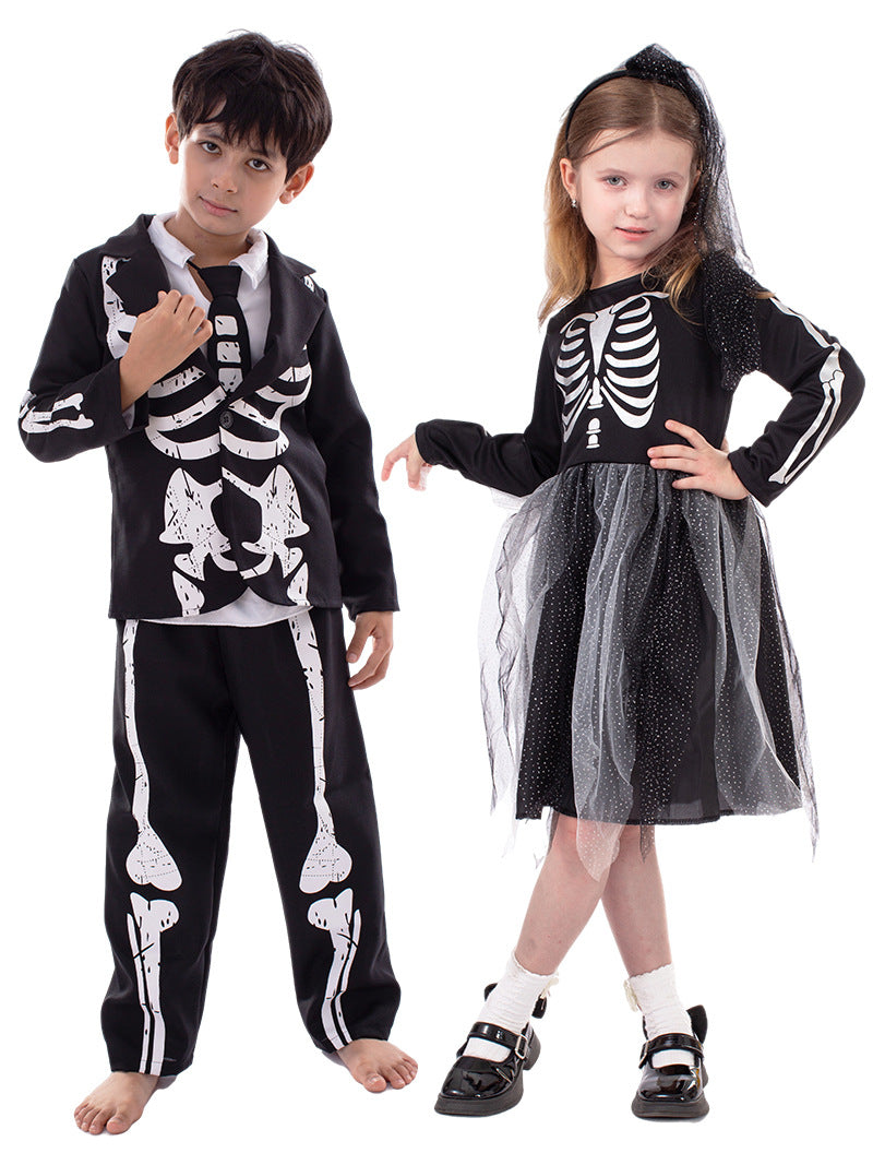 Halloween Skelett-Kostüm für Kinder – Anzug oder Kleid in S bis XL