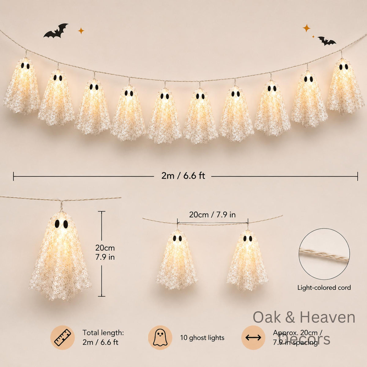 Halloween Geister Lichterkette 10 LED Geistergirlande 2 m