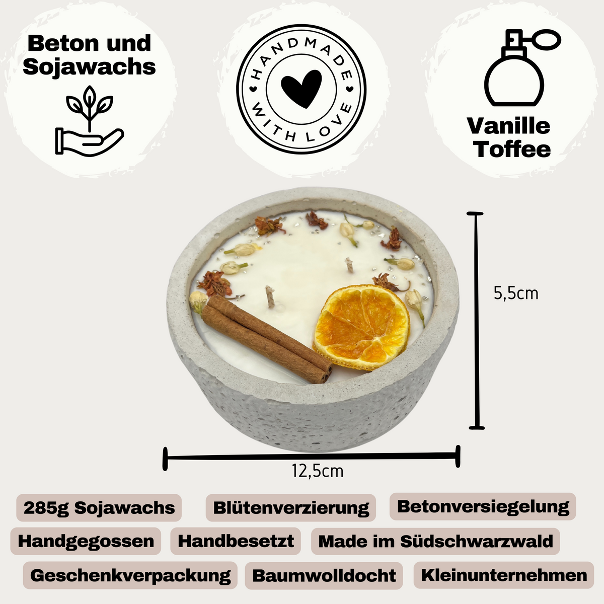 Handgefertigte Betonkerze Betongrau „Herbstglühen“ für Herbst und Winter
