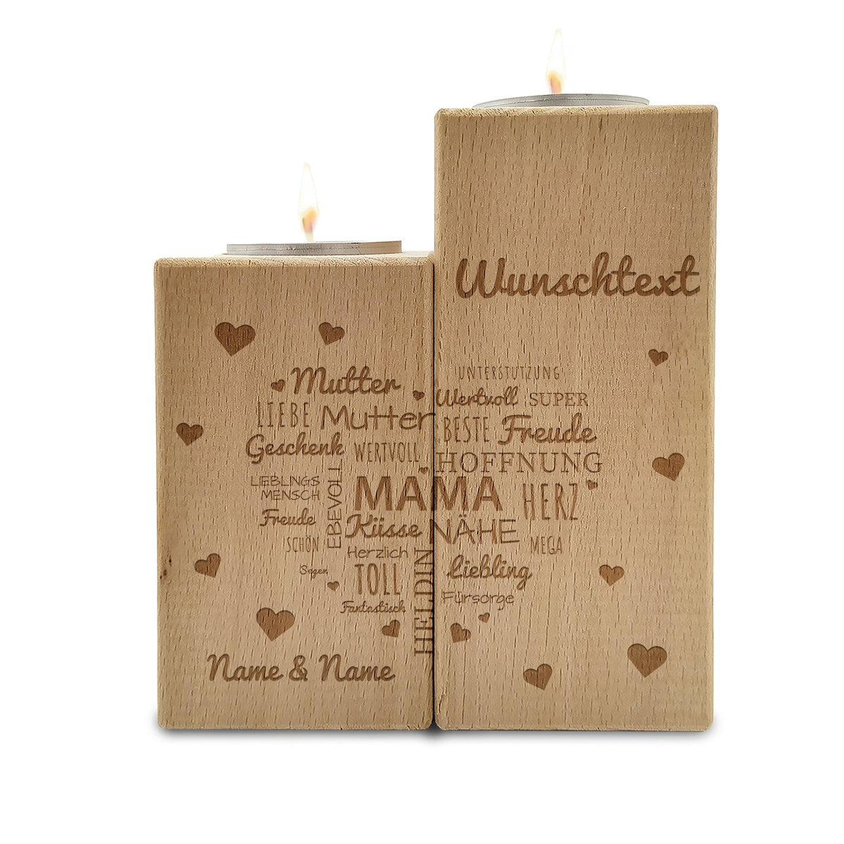 Gravierter Teelichthalter aus Holz im Set mit Namensherz Mama Design