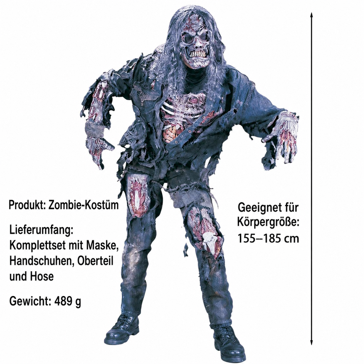 Zombie-Kostüm für Erwachsene mit deutschen Produktangaben